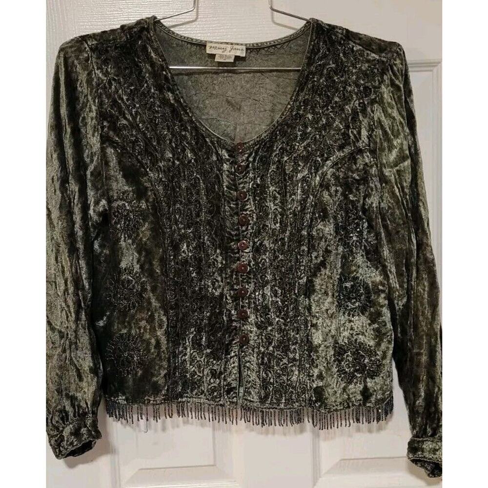 Vintage Whimsigoth Fairy Mary Jane Womens Green Velvet Beaded Embroidered Sz M